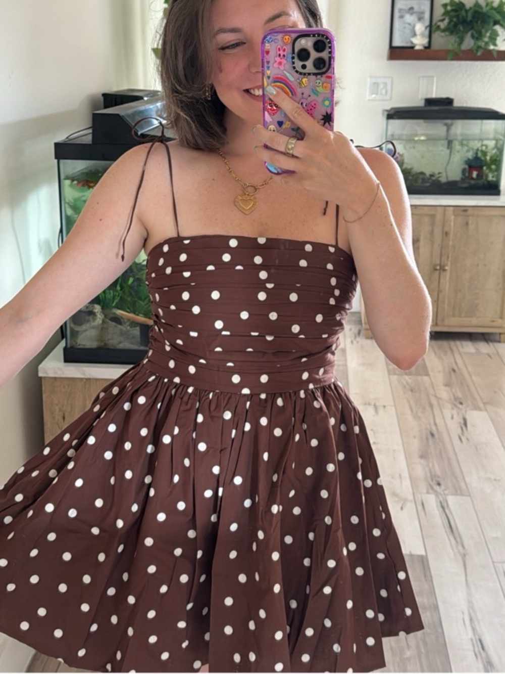 Abercrombie & Fitch Emerson Tie-Strap Brown and White Polka Dot Mini Dress